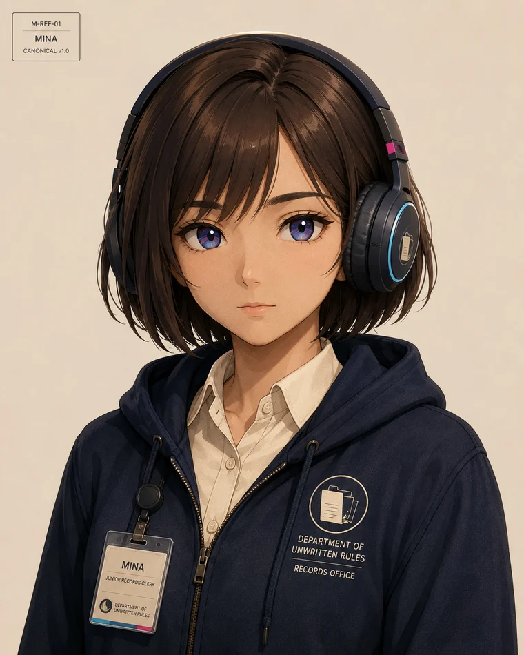 Mina Aoki, the Department's Junior Records Clerk, wearing her navy Department hoodie and over-ear headphones